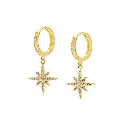 WZGWDC Pendientes de aro de Estrella Octogonal de Diamante para Mujer, Pendientes Piercing, joyería con Hebilla para Oreja