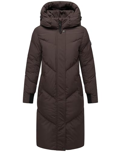 MARIKOO Damen Langer Wintermantel warmer Steppmantel mit abnehmbarer Kapuze Teonaa 16 Choco Gr. M