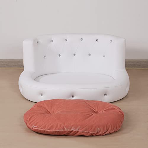Pu Leather Dog Sofas And Chairs,Wooden Frame Cat Bed,Dog Bed With Soft Velvet Cushion,Crystal Bbutton Pet Sofa For 15 Pounds Pet Using,White #TOP6