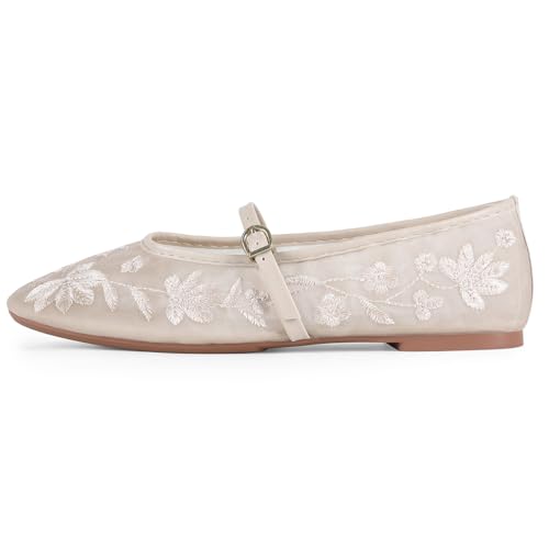 Image of MRKEWUNEY Mesh Ballet Flats for Women Embroidered Floral Round Toe Mary Jane