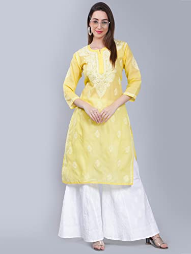 Image of Seva Chikan Hand Embroidered Lucknowi Chikankari Cotton Kurta Kurti for Women SCL4302