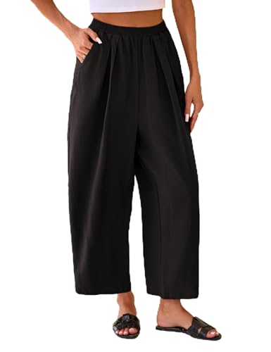 Yeokou Womens Linen Pants Summer Casual Capris Cropped Wide Leg Beach Trousers with Pockets