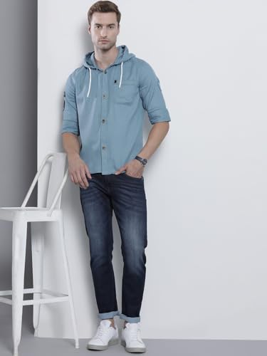 Image of Indian Garage Men's Slim Fit Solid Cotton Hooded Shirt Features Hooded Collar, Regular Placket, Full Sleeves, one Patch Pocket, Regular Length, Straight Hem and Button Closure.