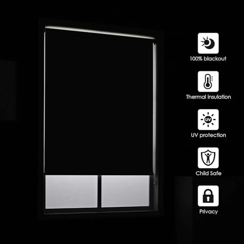 Image of 100% Blackout Roller Blinds for Windows 45 Inch W X 60 Inch L Roll-Up Shades Sun UV Protection for Home & Office, Ivory| Heavy Duty in 38 MM Pole