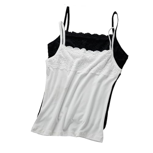 2 Pack Cotton Lace Camisole Tops for Womens Tank Tops Cami Undershirt with Flower Lace on Neckline