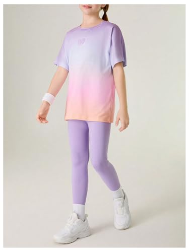 SHENHE Girl's 2 Piece Workout Activewear Short Sleeve Performance Sports Tshirt and Leggings Set4