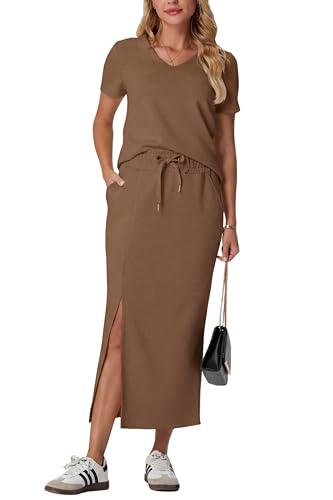 Image of GRECERELLE Women Summer Casual 2 Piece Sets V-Neck Wrinkle-Free Top & Elastic Waist Midi Side Slit Skirt with Pockets