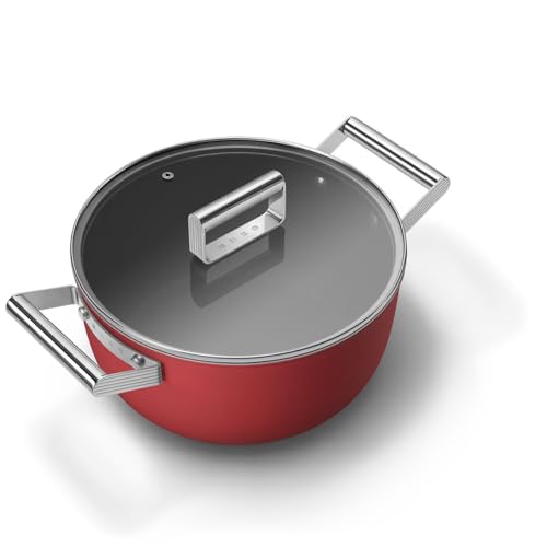 Image of Smeg, CKFC2411RDM Non-Stick Casserole with Lid Included, Diameter 24 cm, Stainless Steel Side Handles, Suitable for All Hobs, Up to 250 in the Oven, Capacity 4.6 L, Red
