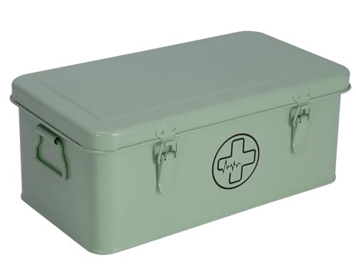 Xbopetda First Aid Medicine Box First Aid Kit Supplies Bin Metal Medicine Storage Tin First Aid Empty Box with Safety Lock for Home Emergency Tool Set-Green