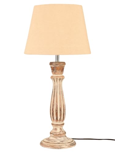 Image of Green Girgit Athens Wooden lamp with Taper Samre Brown Solid Shade, Vintage Style Table Lamp with Fabric Beige Shade, Distressed Wood Base (LED Bulb Included)