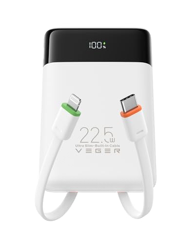 VEGER 10000mAh Power Bank con Cavi Integrati, 22.5W Ricarica Rapida Caricatore Portatile, Sottile Compatto USB C Powerbank LED Display con 4 Uscite e 3 Ingressi Compatibile con iPhone Huawei Xiaomi