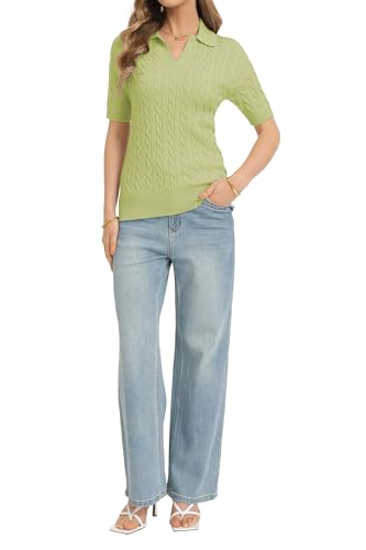 Image of QUALFORT Cable Knit Women's Short Sleeve Sweater Soft V Neck Polo Tops