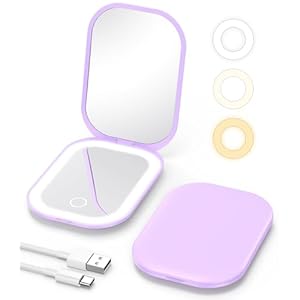 Gospire Espejo compacto iluminado con luz y aumento 1X/3X, atenuación continua y luces ajustables de tres colores, batería recargable y tamaño compacto para bolso y viajes, morado