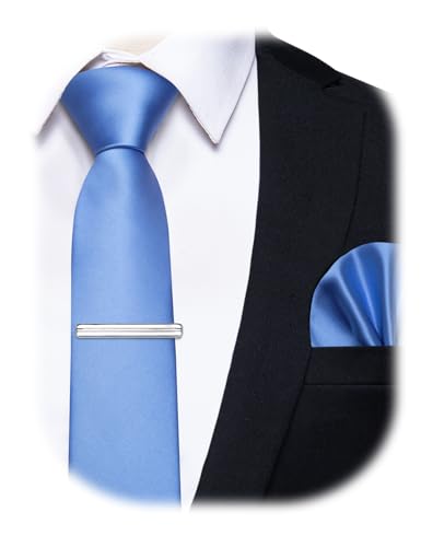 Image of YourTies Skinny Ties for Men Satin 2.4 inch Slim Necktie with Pocket Square Tie Clip Set Solid Color Wedding Party Business