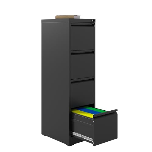Glyxxen 4 Drawer File Cabinet with Lock, Vertical Filing Cabinets for Home Office, Metal Storage Cabinets, Heavy Duty File Cabinet for Letter/Legal/A4/F4 Size Amsseble Required, Black