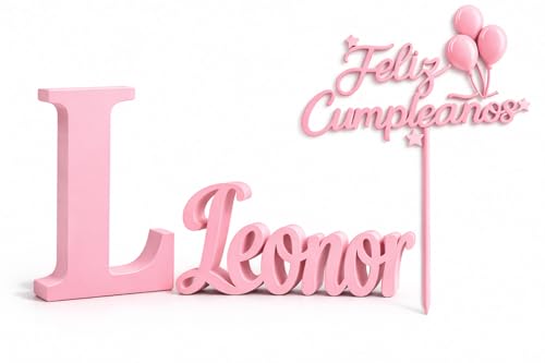 Kit decoración cumpleaños personalizado con nombre de madera reutilizable y topper