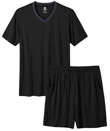 MoFiz Pijamas Corto Hombre Verano Clásico Cuello V Camisetas de Pijama y Pantalon Corto Pijama Manga Corta Súper Suave Ropa de Dormir con Bolsillos Negro Talla EU 3XL