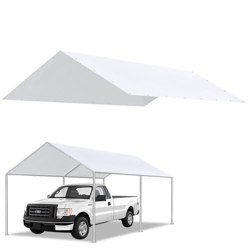 Bluyard 10 x 20 Ft Carport Replacement Canopy Cover Garage Top Tent Shelter Heavy Duty Waterproof UV & Tear Resistant Carport Cover Easy Assembly, White (Only Cover, Frame Not Include)