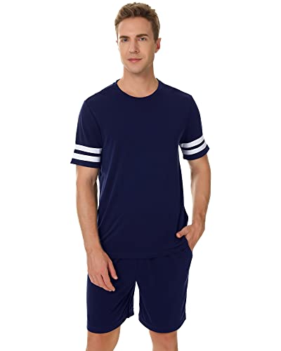 Nachila Men's Pajamas Short Sleeve Sleepwear Soft Crew Neck Pjs Top And Pajama Shorts Set Navy Blue L #TOP27