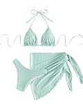 SHENHE Women's 3 Piece Textured High Cut Halter Triangle Bikini Swimsuit with Cover Up Mint Green Small
