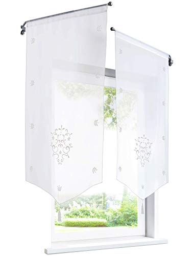 BAILEY JO Rideau Voilage Brise-bise en Polyester Broderie Fleurs Blanc LxH/60x120CM avec Pompon Rideaux Courts Décoration de Fenêtre Chambre/Salle de Bain/Café/Cuisine