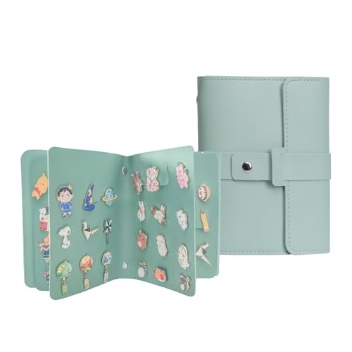 Image of Enamel Pin Display Book - 4 Page Leather Travel Organizer for Collectors, Portable Lapel Pin Holder with Secure Storage, Compact Pin Trading Book (Sage Green)