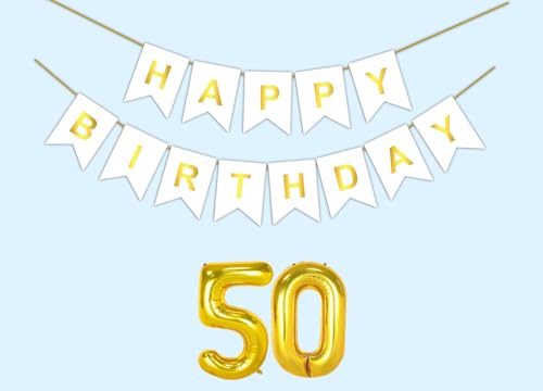 Image of 50th Happy Birthday Decoration Kit White for 50 year Old Boys Girls Men Women with Number Fifty Party Decorations Decor Celebration Items Item Set Combo Reusable Paper Banner