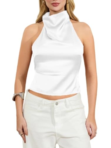 Women’s Silk Halter Neck Satin Crop Top, Backless, White, Size S