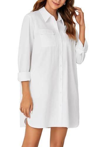 LYANER Women's Button Down Shirt Dresses Collared V Neck Long Sleeve Slit Mini Dress4