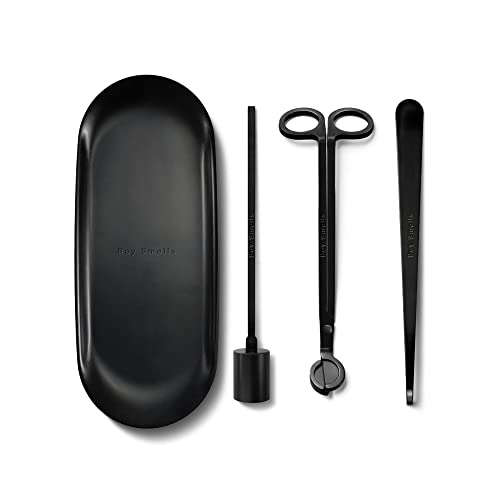 Boy Smells Kerzenpflege-Werkzeug-Set | Ovales Tablett, Dochtschneider, Snuffer, Dochttaucher, mattschwarz beschichtetes Metall-Set mit Boy Smells Branding (4 Stück) Cover