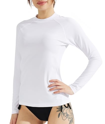 SURFEASY Damen Rash Guard Langarm Sonnenschutz Schnelltrocknend Badeshirt Surf Shirt Schwimmen Bademode(Weiß, M)