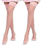 BEINF Halterlose Strümpfe Damen mit Spitzenbund Sexy Strümpfe Halterlos Overknee Stockings mit Rutschfestem Silikon Rosa 2er-Pack