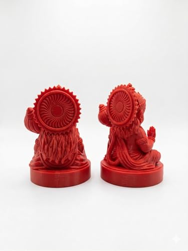 Image of Baal Hanuman Idol Red Murti Sitting Pose with Gada | 8cm Height | 3D Printed | Hanuman Chalisa Doha Inscribed Base | Home Temple | Car Dashboard Decor | Devotional Figurine