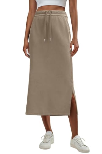 GRECERELLE Womens Maxi Thick Skirts Fall Winter Anti-Wrinkle Casual High Waisted Adjustable Drawstring Skirt with 2 Deep Pockets & Side Slit, Khaki, L
