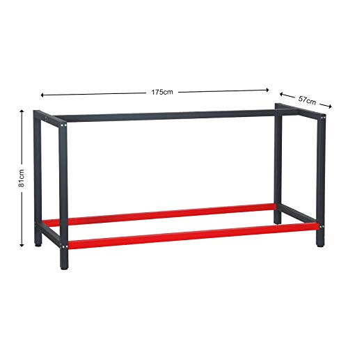 Wiltec Stelaż do stołu 175 x 57 x 81 cm, antracyt z czerwonym, stal malowana proszkowo rama na stół warsztatowy, nóżki ogumowane