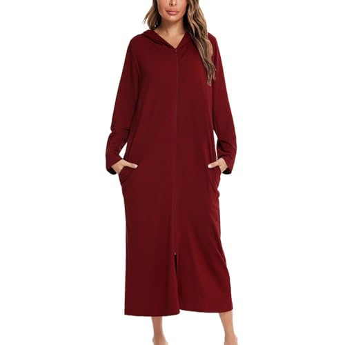 Lu's Chic Langer Damen-Bademantel mit Kapuze und Reißverschluss, volle Länge, solide Tasche, Hausmantel, Nachtwäsche, Rot/Ausflug, einfarbig (Getaway Solids), Medium