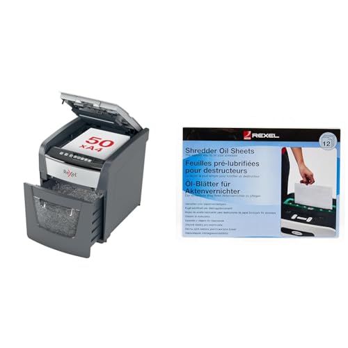Destructeur de documents automatique Rexel Auto+ 50X coupe croisée P4 avec 12 feuilles lubrifiantes