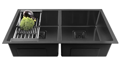 Image of Fossa 45x20x10 Inch 𝟓-𝐘𝐄𝐀𝐑 𝐖𝐀𝐑𝐑𝐀𝐍𝐓𝐘 Double Bowl Kitchen Sink | Premium Stainless Steel Sink with Waste Coupling, PVC Waste Pipe & Fruit Basket | Modern Kitchens Black(Matte finish)