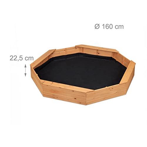 Relaxdays Sandkasten, 8-eckig, 4 Sitzbänke, mit Sandkastenvlies, HBT 22,5 x 160 x 160 cm, Sandkiste, Tannenholz, Natur