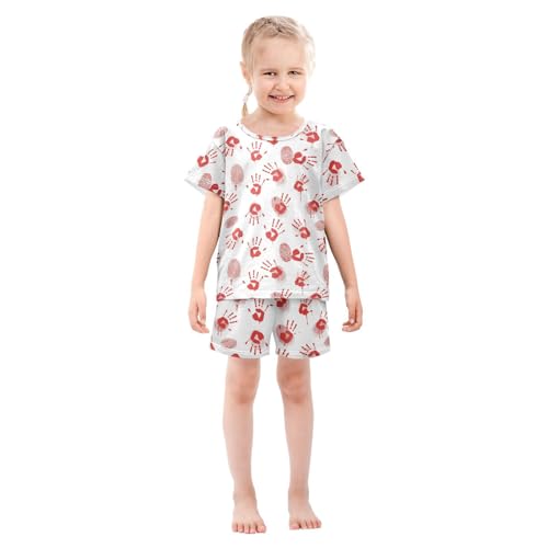 Pajama Short Sets Red Handprints and Fingerprints Soft Cotton Summer Sleepwear 2 Piece PJS Size 5-14T4