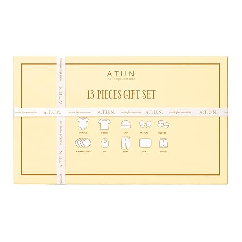 Image of A.T.U.N. (ALL THINGS UBER NICE) Premium Newborn Baby Gift Set (13 Pieces) | 100% Cotton Baby Clothing Set | 0-3 Months | Baby Shower and Welcome Gift Box
