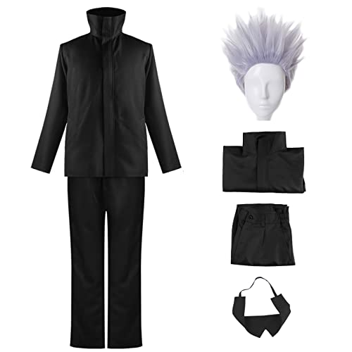 YEAJION Disfraz de Gojo Satoru con Peluca Anime Jujutsu Kaisen Uniforme Negro/Azul Gojo Satoru Cosplay Conjunto Completo Navidad Halloween Carnaval Fiesta Traje para Adultos