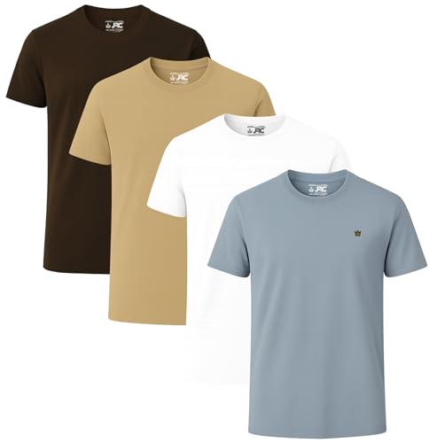 JRC Just Royal Clothing 4er-Pack Herren Rundhalsausschnitt Kurzärmlige T-Shirts (Schaffell, Steinblau, Weiß, Kakaobraun, M)