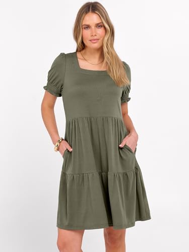 Image of ANRABESS Women Summer Square Neck Puff Short Sleeve Mini Dress 2026 Casual Flowy Sundress Beach Vacation Clothes with Pockets