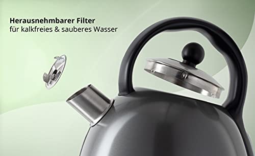 KHG WK-1711 (DG) Wasserkocher Retro 1,7 Liter | Kessel-Wasserkocher in Grau | 360° Sockel | Kalkfilter… – Bild 3