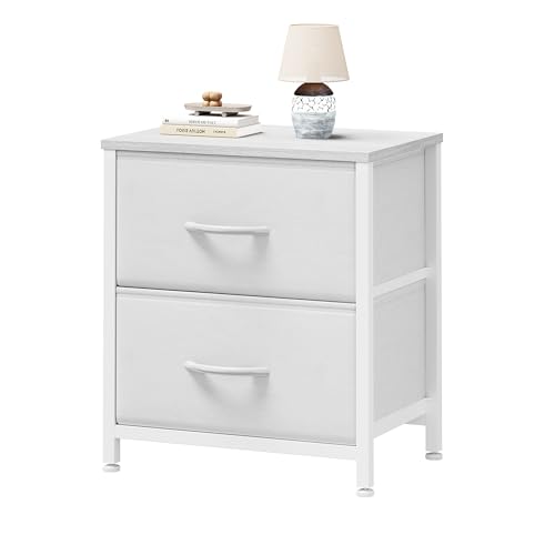 Sweetcrispy Nightstand with 2 Storage Drawers, 20' Height Small Bed Side Furniture End Table, Wooden Top Fabric Cabinet Kids Night Stand Mini Dresser for Bedroom, Closet, Entryway, Dorm, White