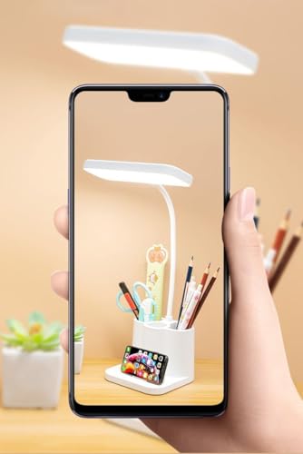 Image of Rylan Acrylonitrile Butadiene Styrene 3 Color Table Lamp for Study with Phone Holder Flexible Arm LED Touch Light with Stepless Dimming, Desk Lamps with Pen Holder, White