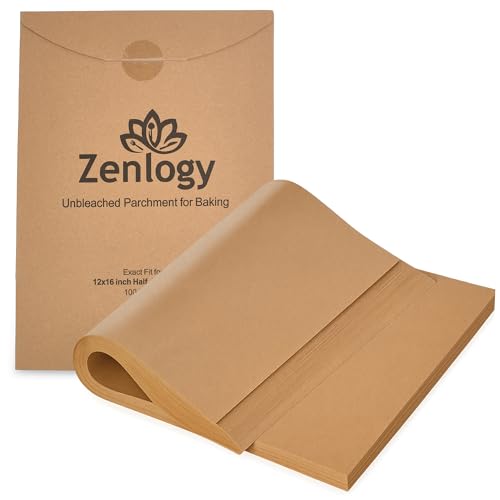 Zenlogy Parchment Paper Sheets 12x16 (100 sheets) for Baking - Unbleached Chlorine-free High Heat Non-Stick Pre-Cut Parchment Paper for Half Sheet Pans