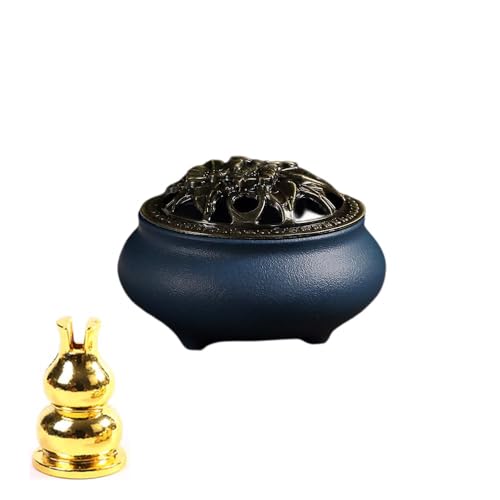 丸型香炉 お香立て陶器蓋付き 蓋付き 難燃綿と 瞑想 浄化 香道 仏具 アロマ・コーン・スティック線香 茶屋 事務室 睡眠 書斎 喫茶店(ブルー)