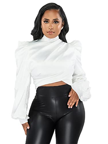 White Blouse for Women Puffy Long Sleeve Mock Neck Tops Satin Silk Shirts Work Blouses